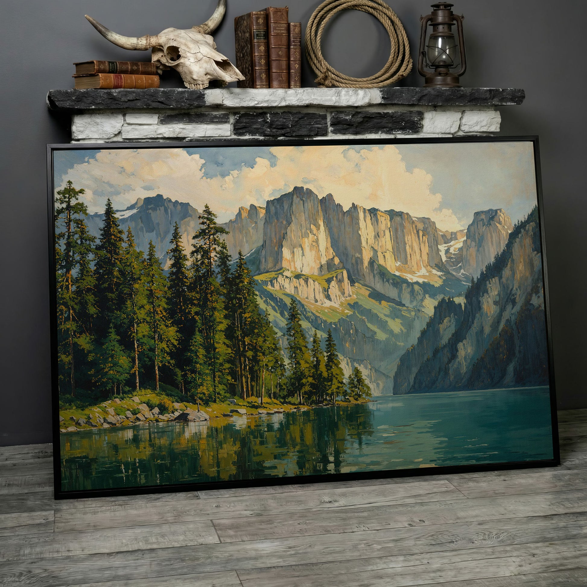 Mountain Lake with Pine Forest Canvas in black floating frame