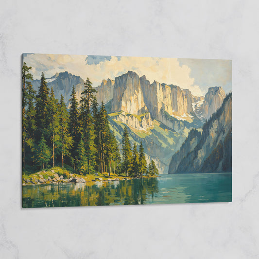 Mountain Lake with Pine Forest Canvas on gallery wrap