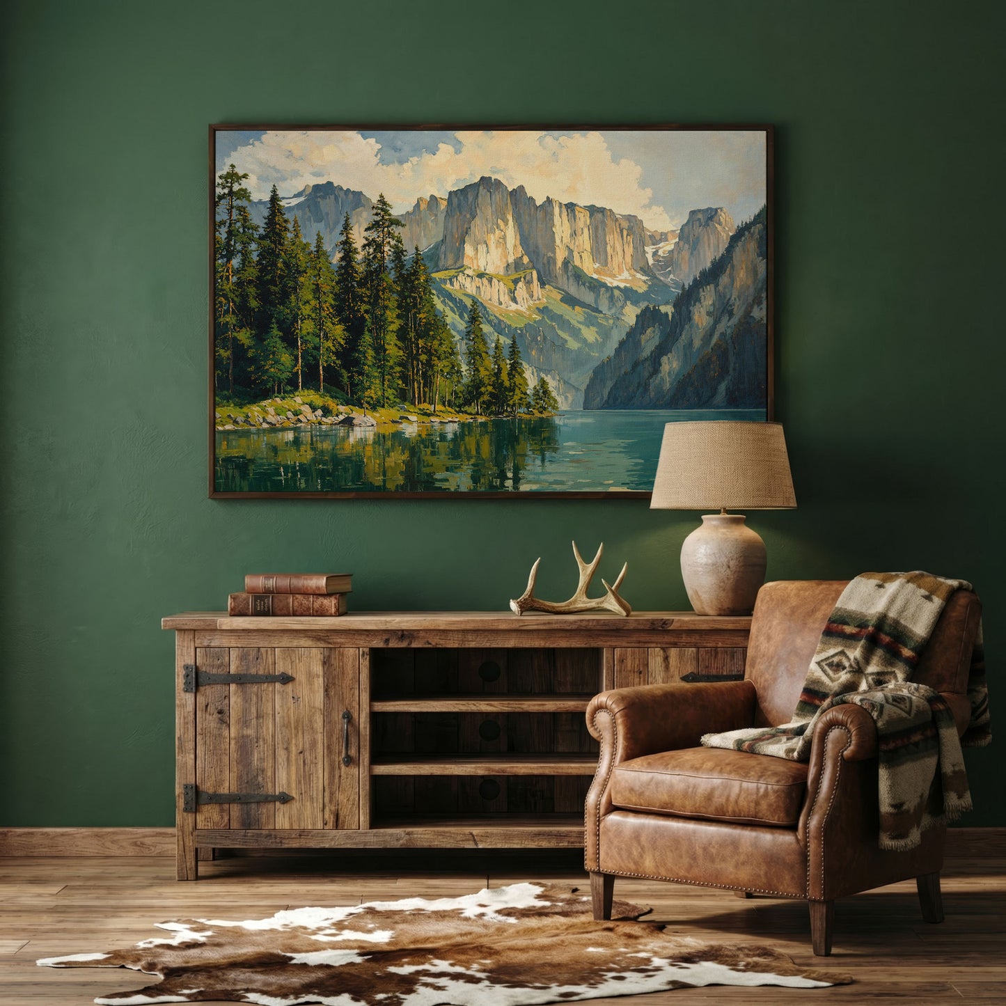 Mountain Lake with Pine Forest Canvas in dark walnut floating frame