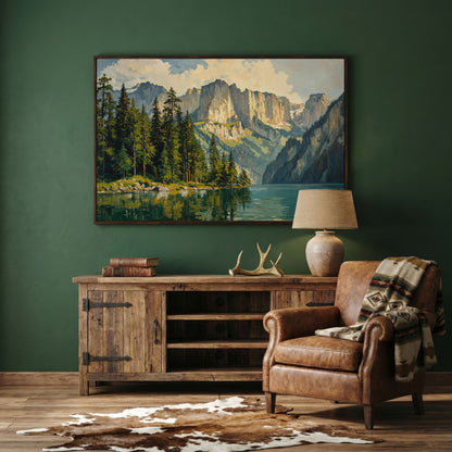 Mountain Lake with Pine Forest Canvas in dark walnut floating frame