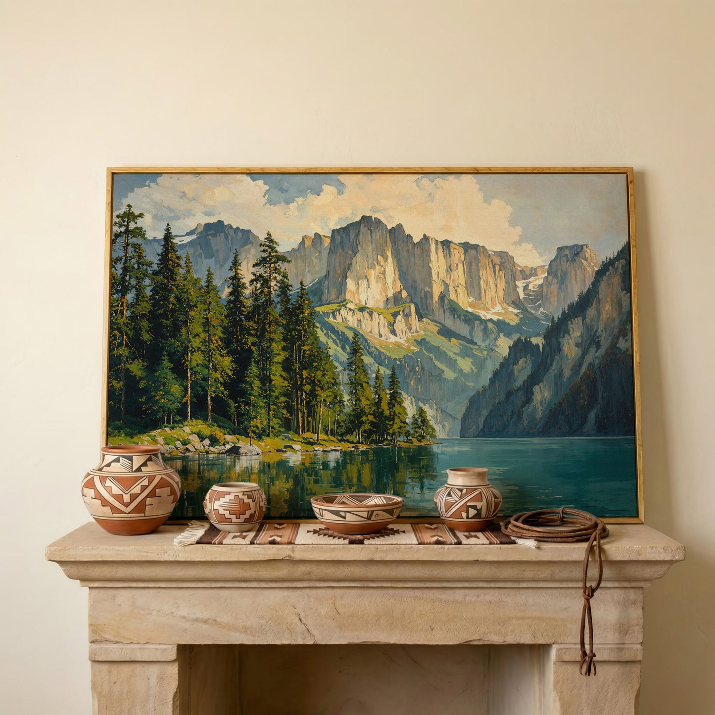 Mountain Lake with Pine Forest Canvas in white oak floating frame
