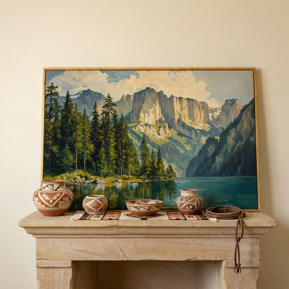 Mountain Lake with Pine Forest Canvas in white oak floating frame