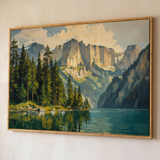 Mountain Lake with Pine Forest Canvas shown in white oak floating frame
