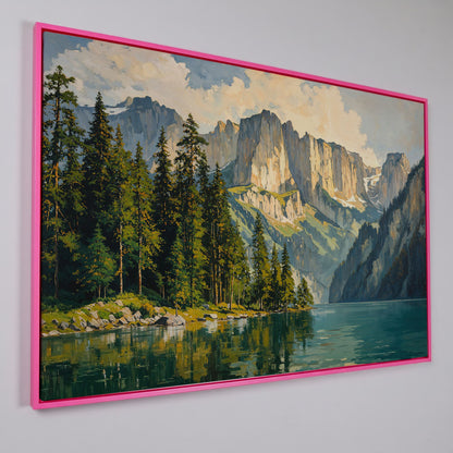 Mountain Lake with Pine Forest Canvas in pink floating frame