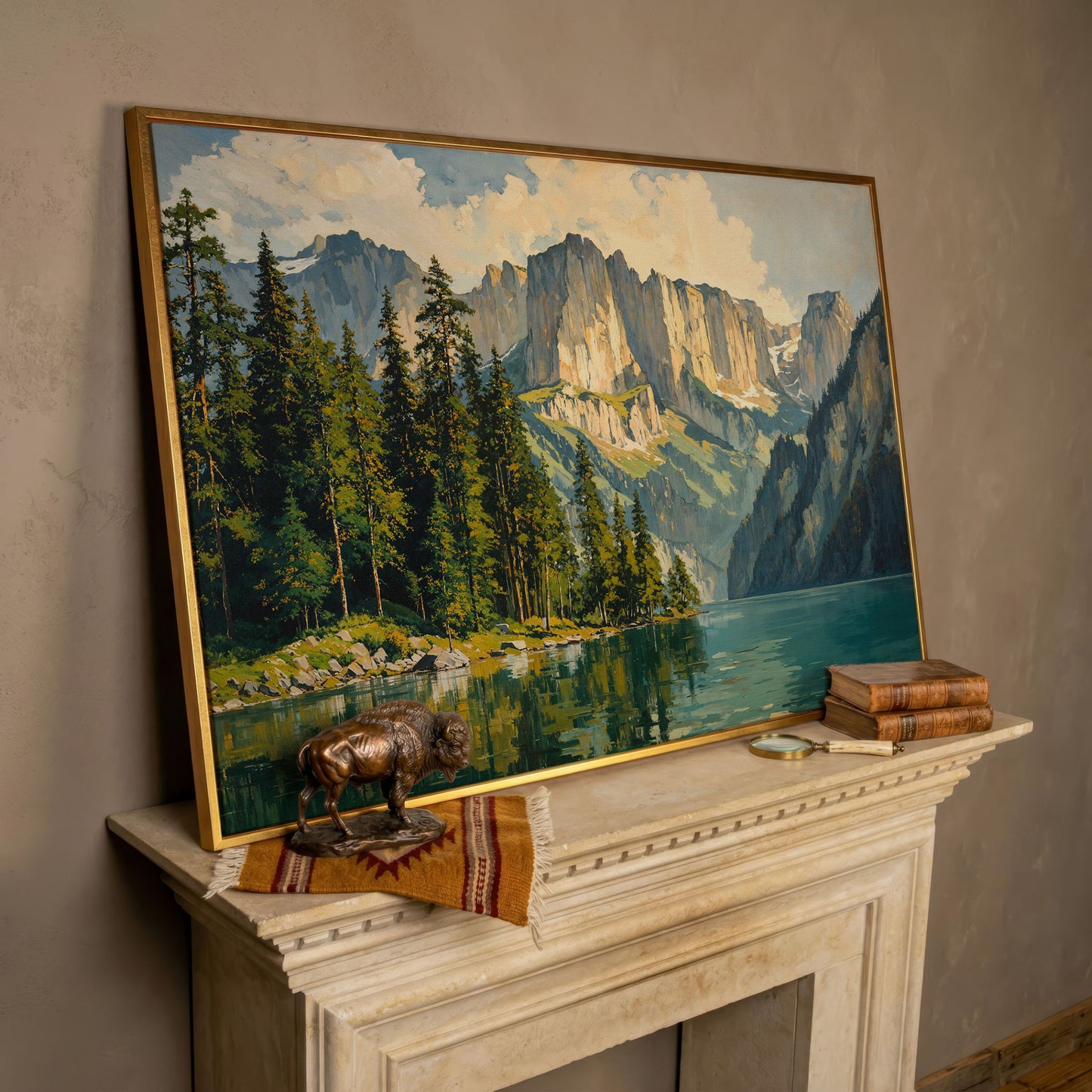 Mountain Lake with Pine Forest Canvas in rose gold floating frame