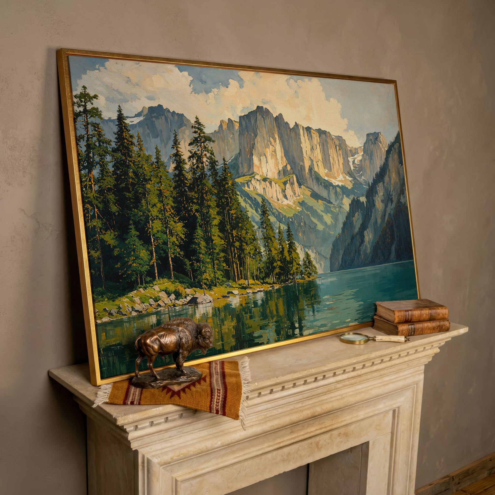 Mountain Lake with Pine Forest Canvas in rose gold floating frame