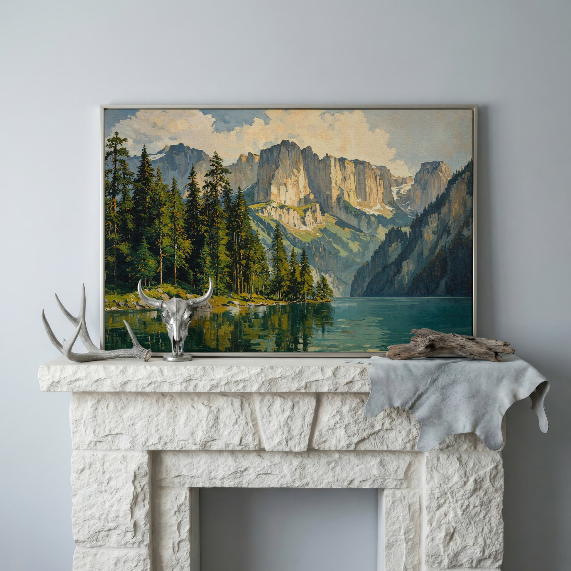 Mountain Lake with Pine Forest Canvas in silver floating frame