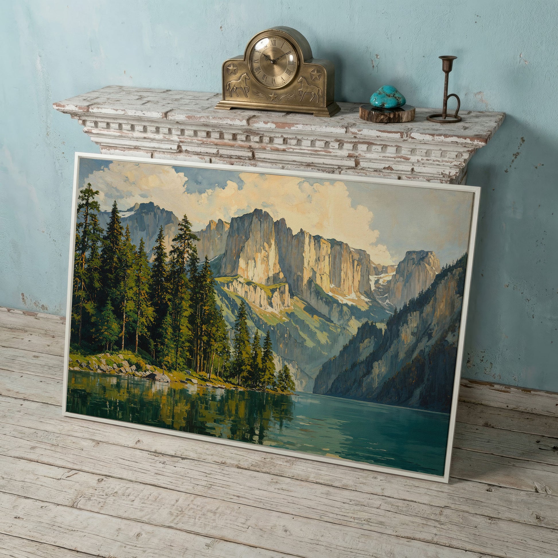 Mountain Lake with Pine Forest Canvas in white floating frame