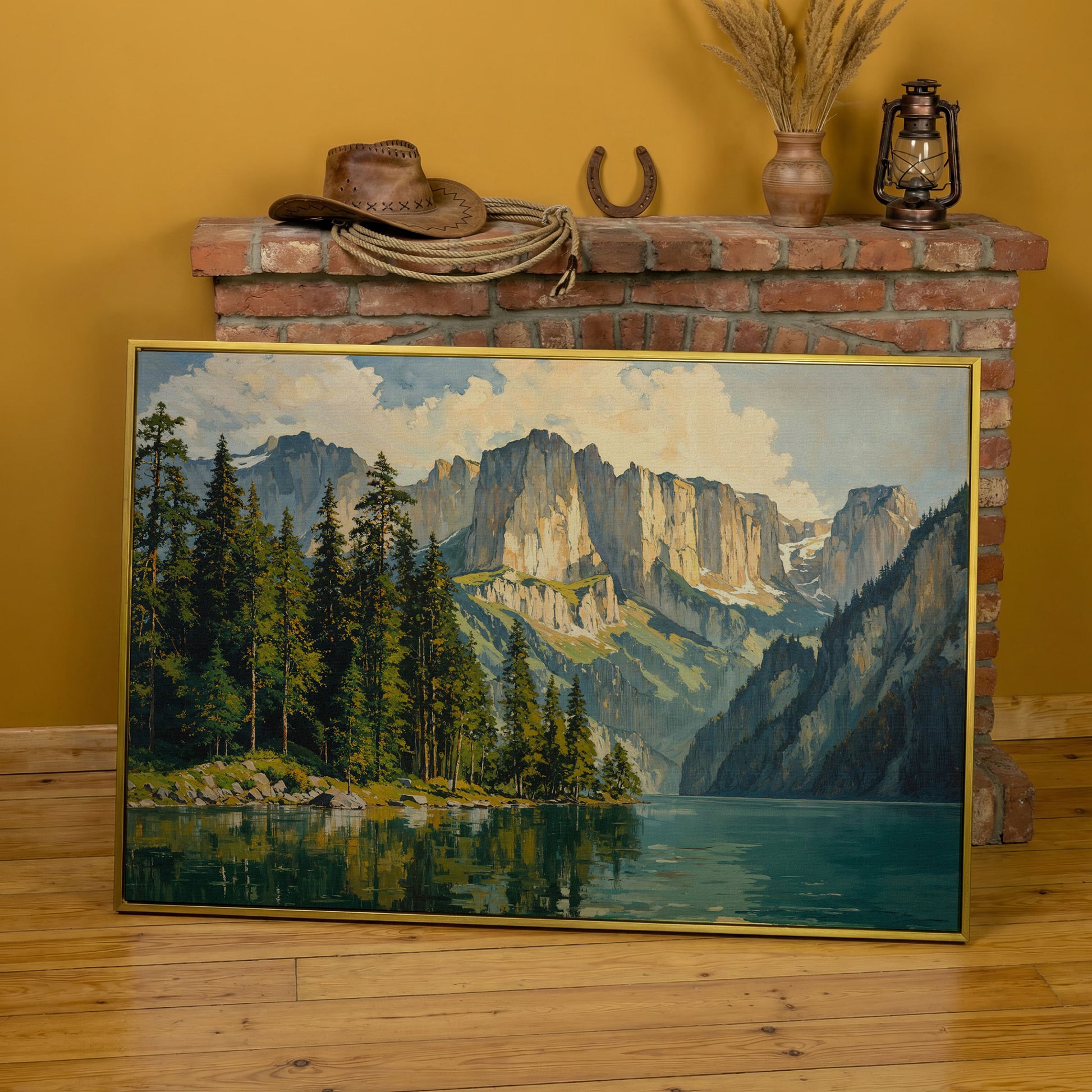 Mountain Lake with Pine Forest Canvas in yellow gold floating frame
