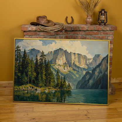 Mountain Lake with Pine Forest Canvas in yellow gold floating frame
