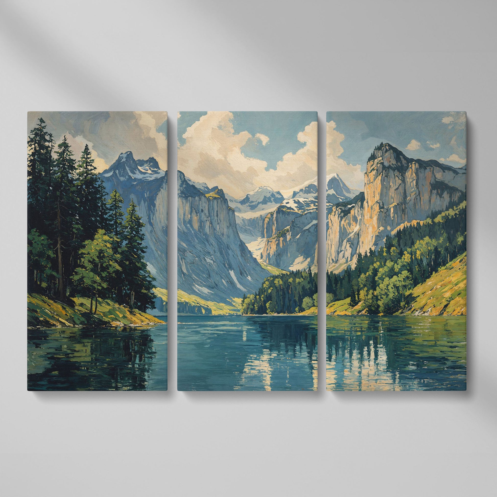 Mountain Lake with Stone Gray Peaks Canvas Print as 3-panel split version