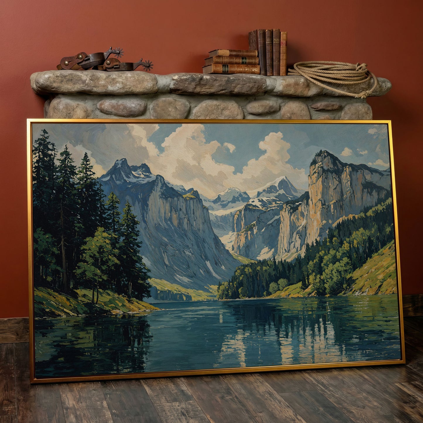 Mountain Lake with Stone Gray Peaks Canvas Print in antique gold floating frame
