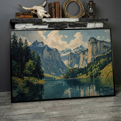 Mountain Lake with Stone Gray Peaks Canvas Print in black floating frame