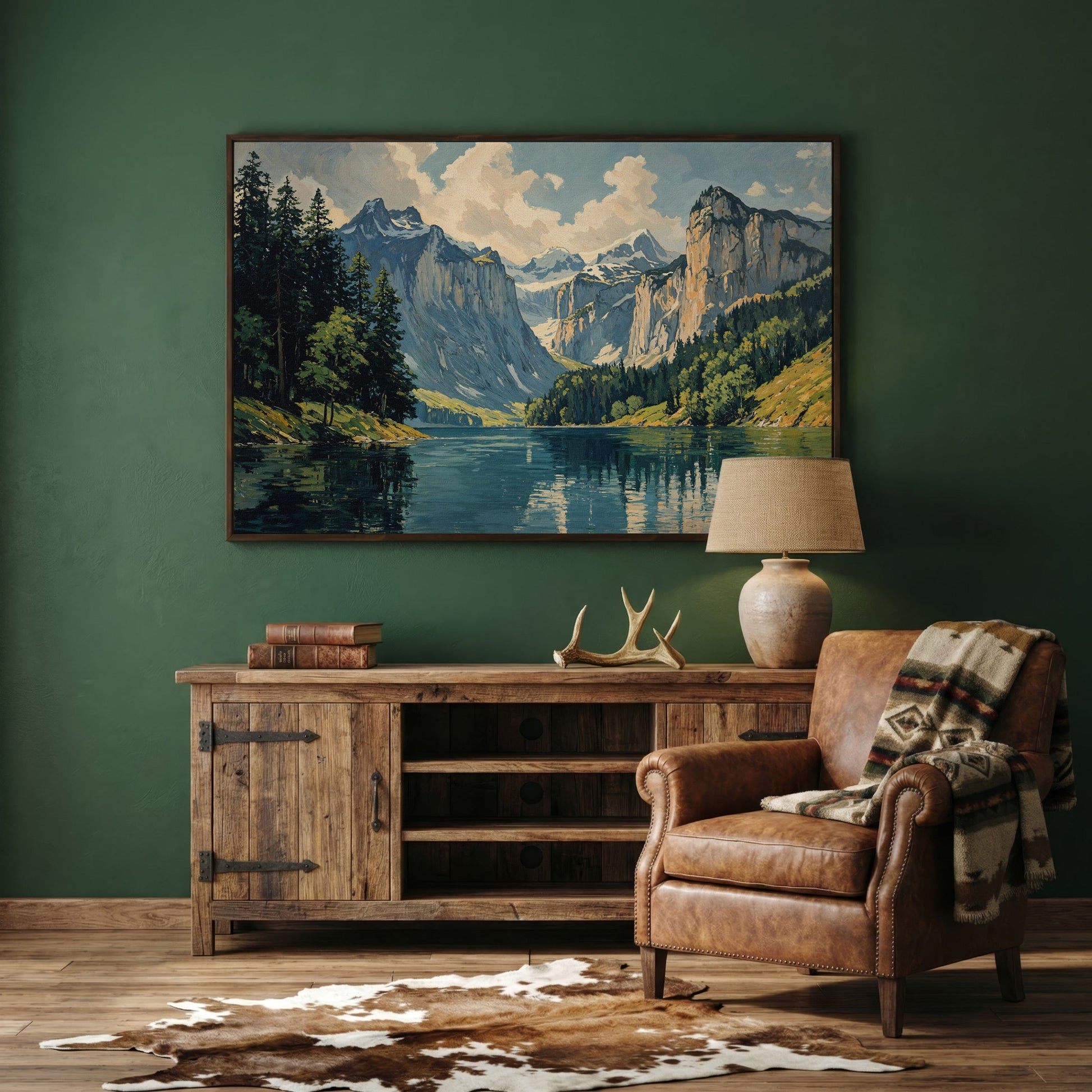 Mountain Lake with Stone Gray Peaks Canvas Print in dark walnut floating frame
