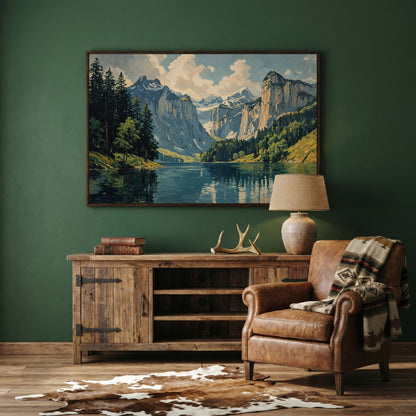 Mountain Lake with Stone Gray Peaks Canvas Print in dark walnut floating frame