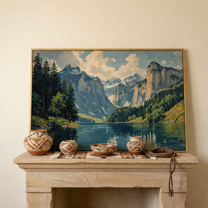 Mountain Lake with Stone Gray Peaks Canvas Print in white oak floating frame