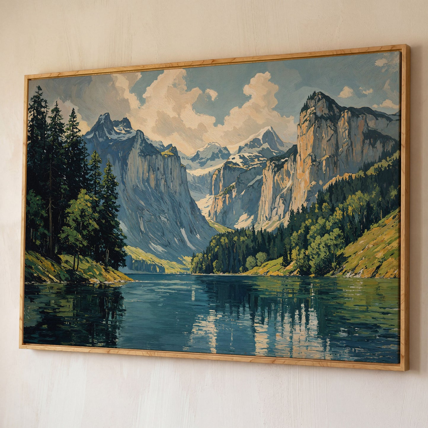 Mountain Lake with Stone Gray Peaks Canvas Print shown in white oak floating frame