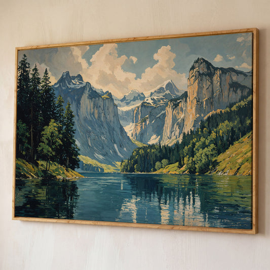 Mountain Lake with Stone Gray Peaks Canvas Print shown in white oak floating frame