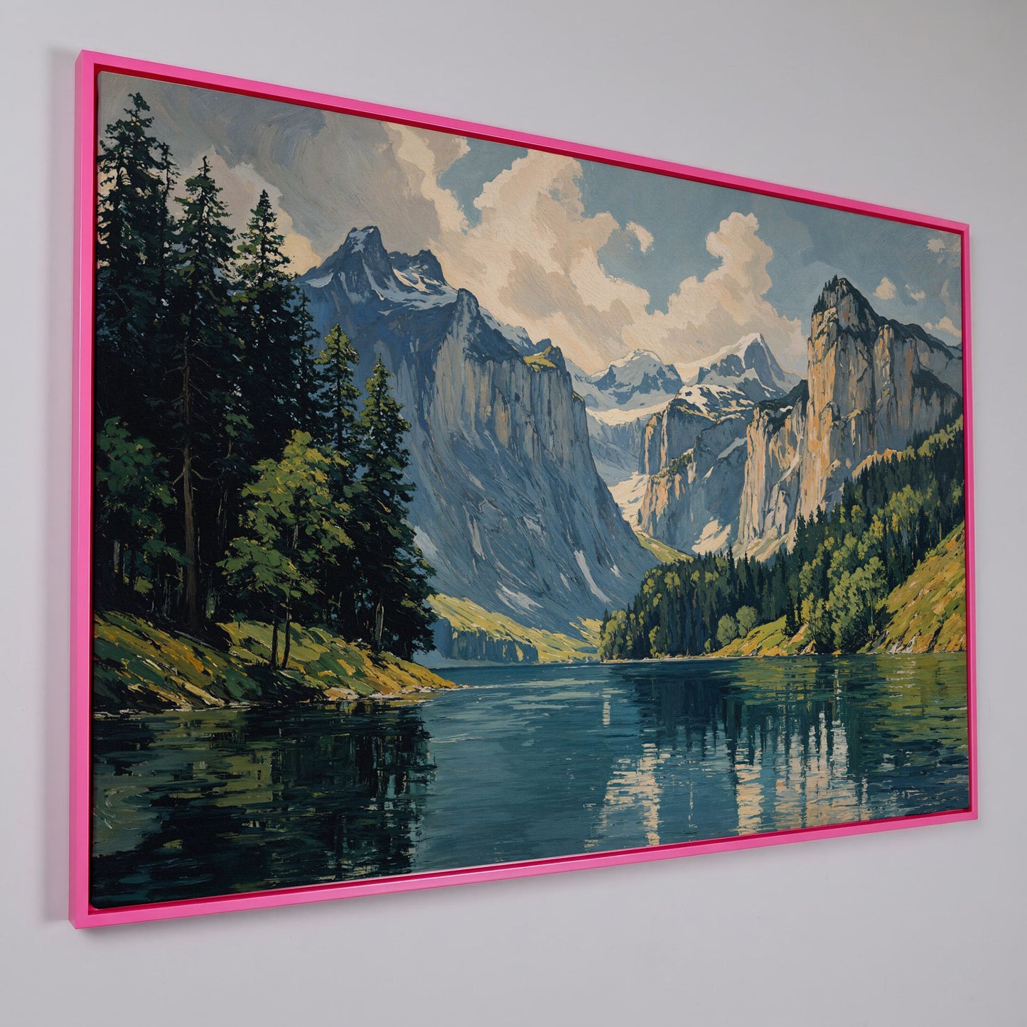 Mountain Lake with Stone Gray Peaks Canvas Print in pink floating frame