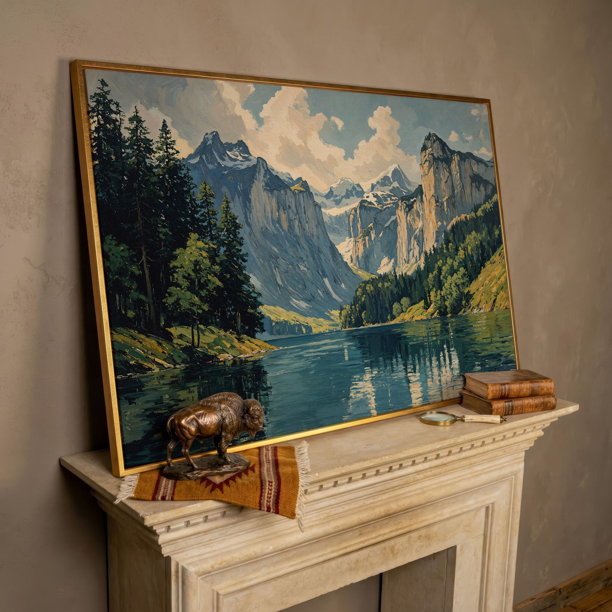 Mountain Lake with Stone Gray Peaks Canvas Print in rose gold floating frame