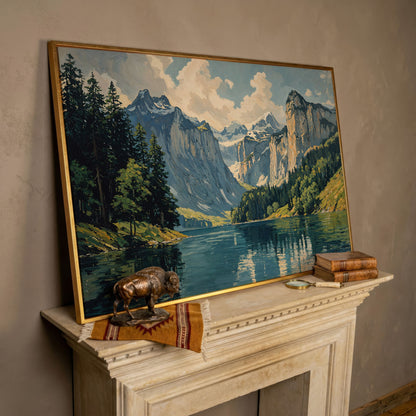 Mountain Lake with Stone Gray Peaks Canvas Print in rose gold floating frame