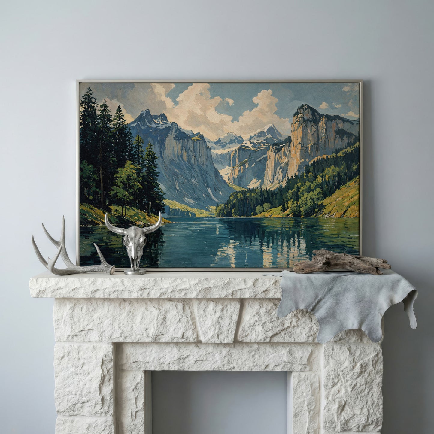 Mountain Lake with Stone Gray Peaks Canvas Print in silver floating frame