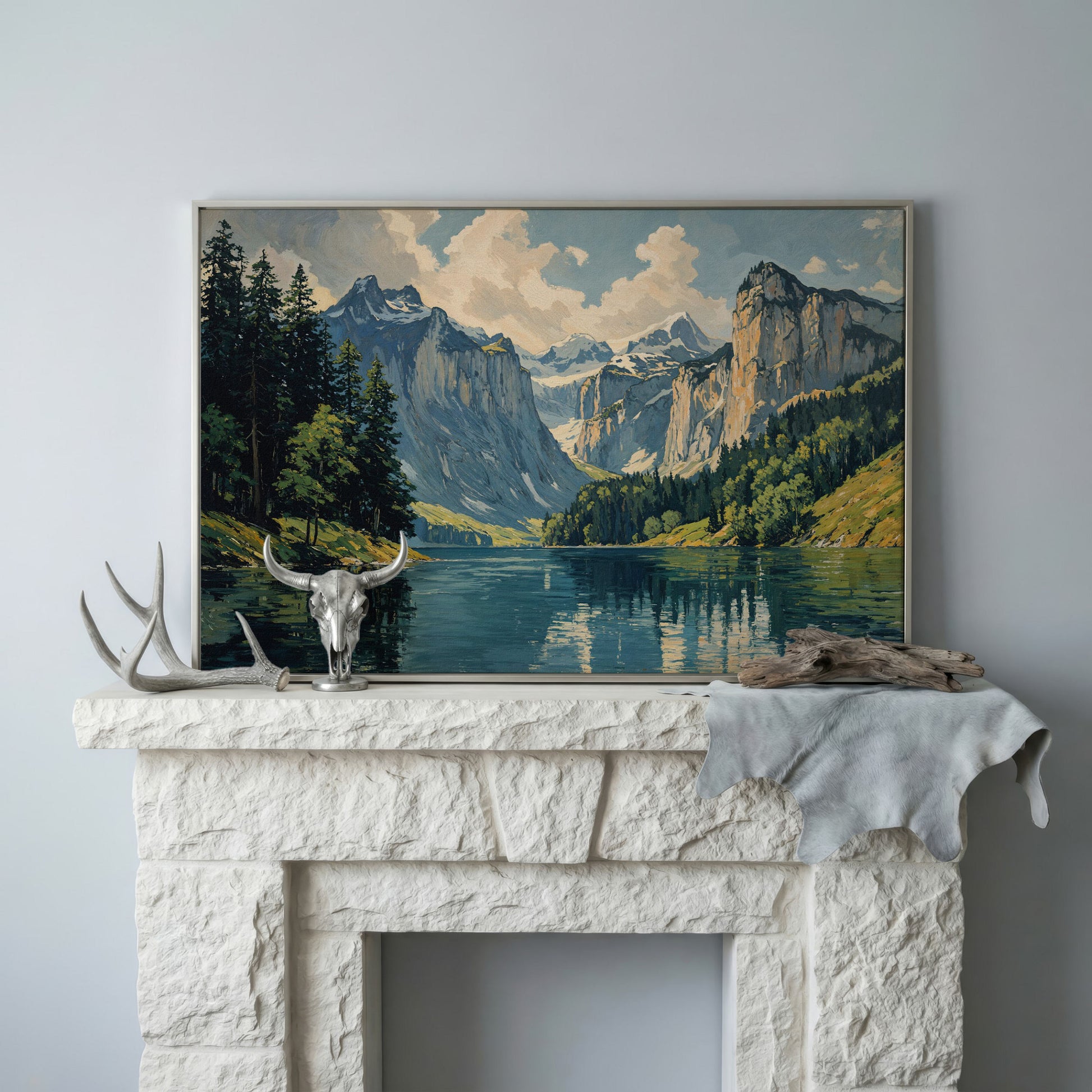 Mountain Lake with Stone Gray Peaks Canvas Print in silver floating frame