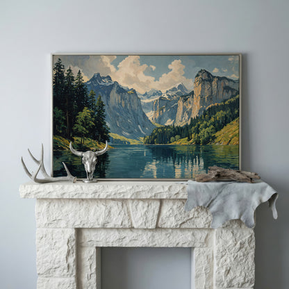 Mountain Lake with Stone Gray Peaks Canvas Print in silver floating frame