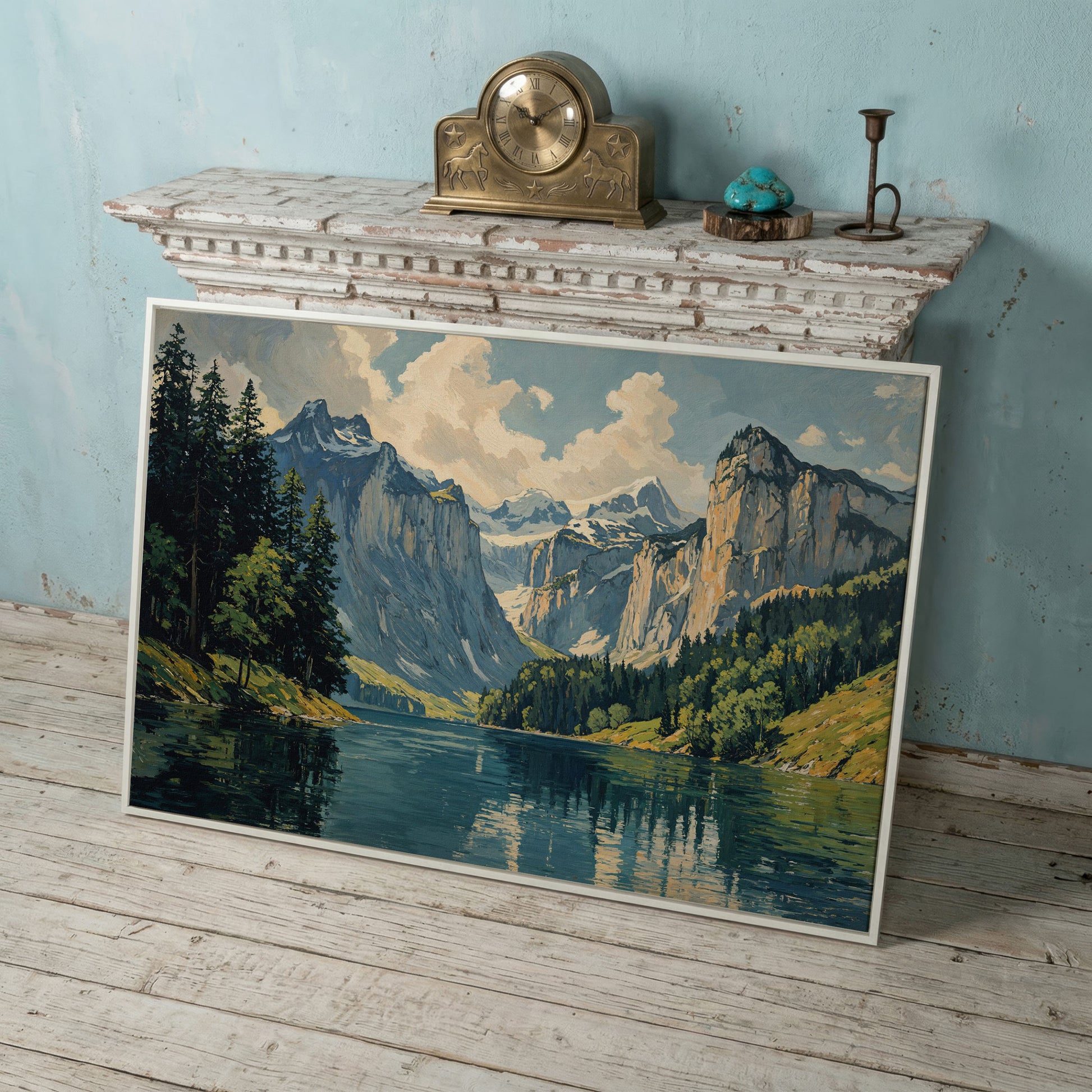Mountain Lake with Stone Gray Peaks Canvas Print in white floating frame