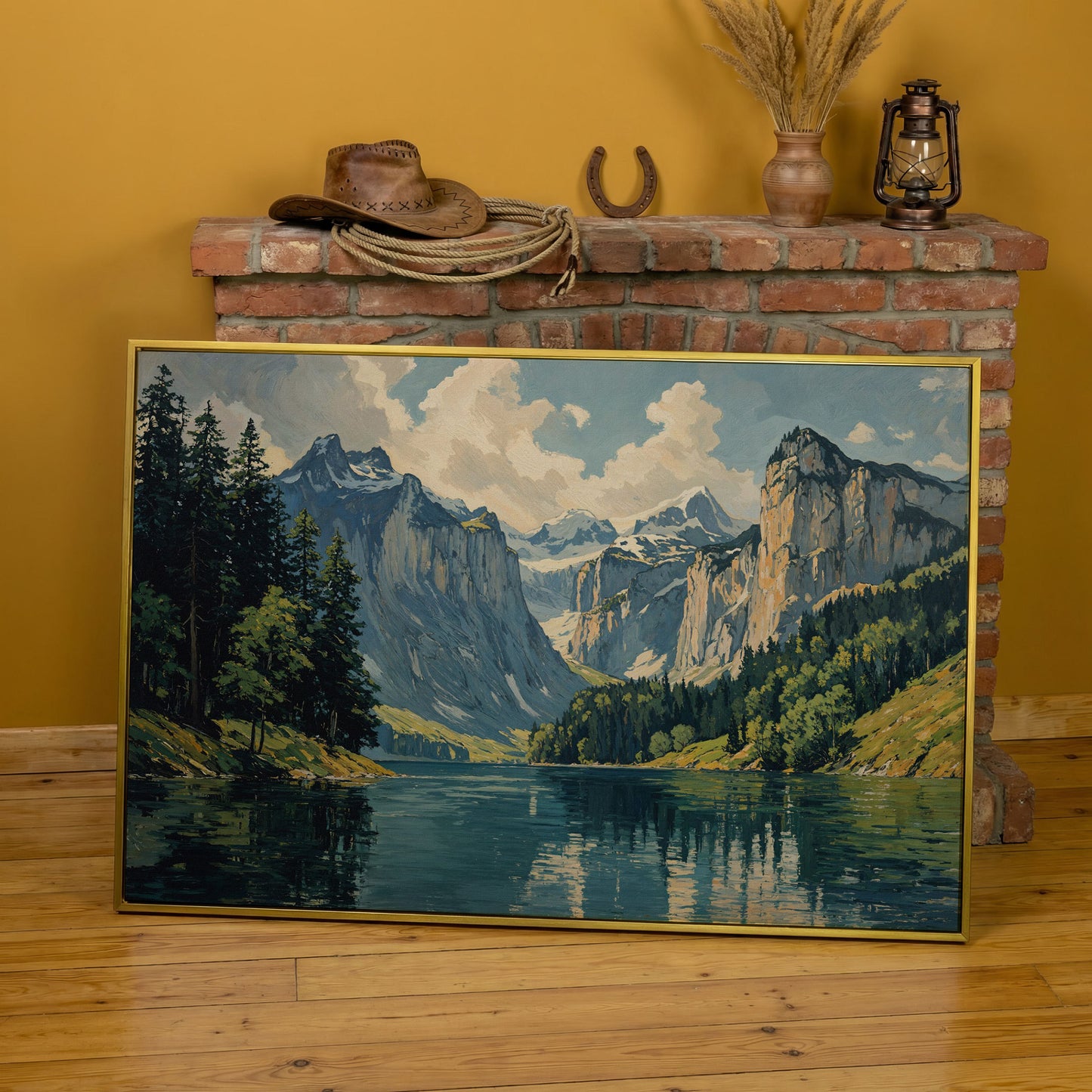 Mountain Lake with Stone Gray Peaks Canvas Print in yellow gold floating frame