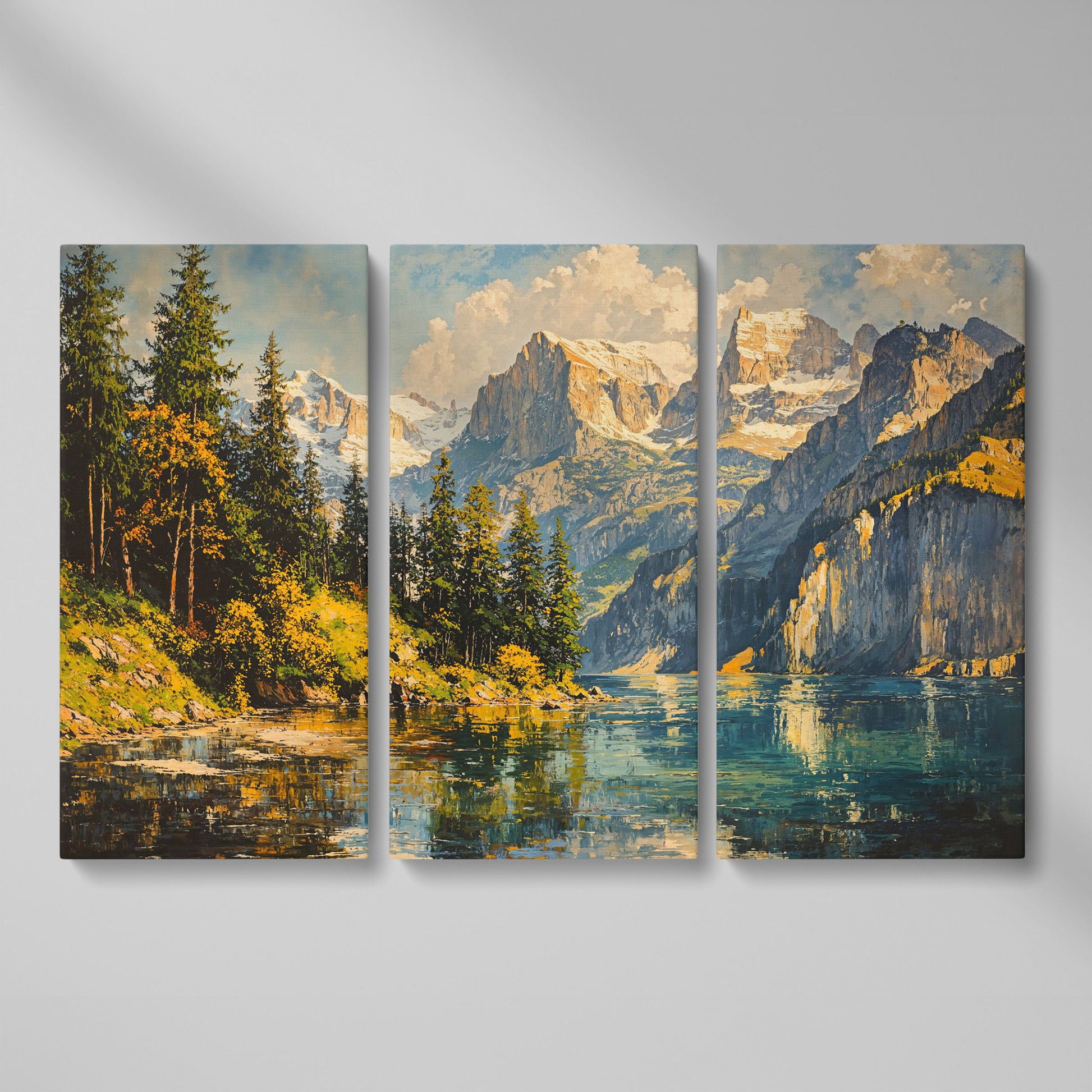 Mountain Lake with Golden Ochre Shores Canvas as 3-panel split version
