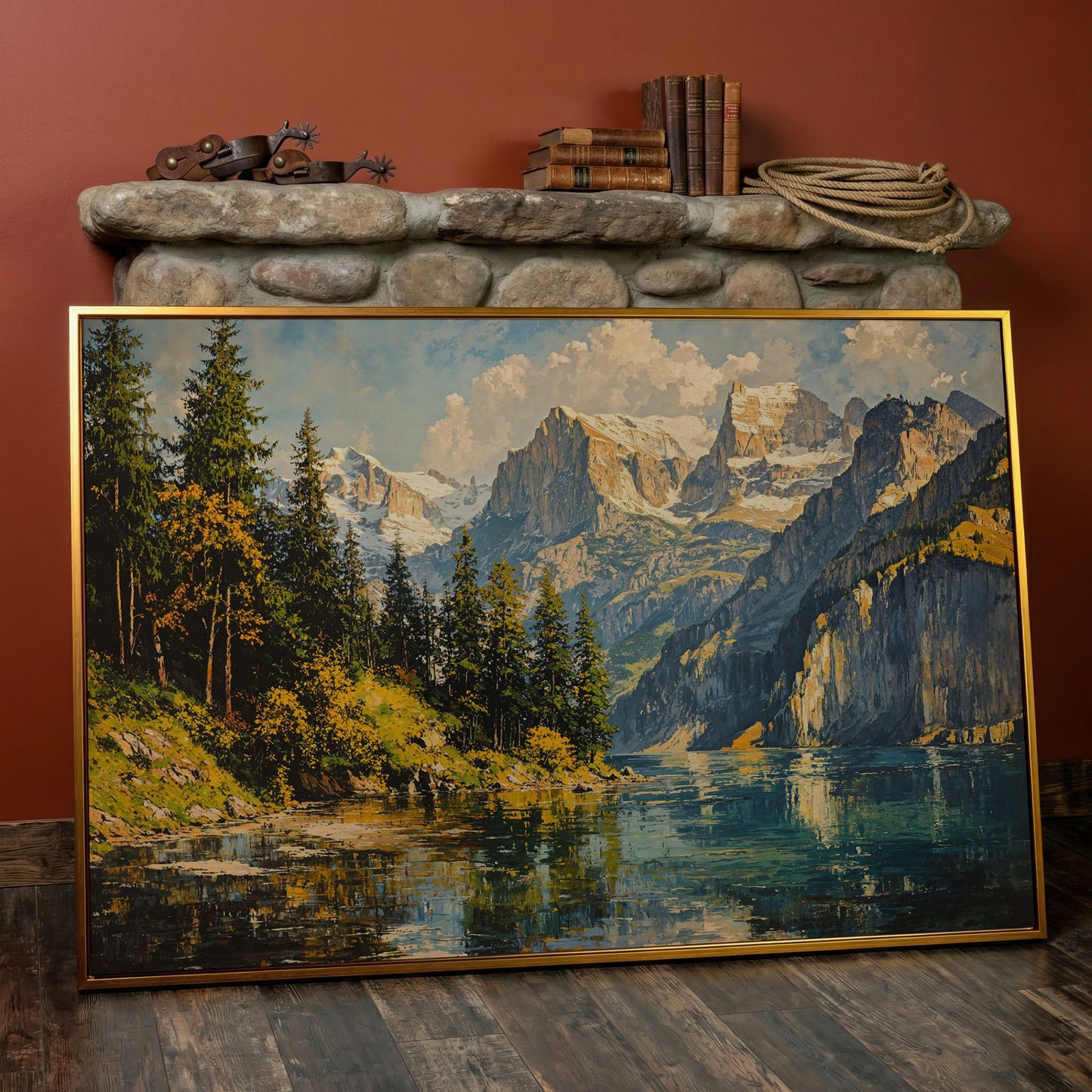 Mountain Lake with Golden Ochre Shores Canvas in antique gold floating frame