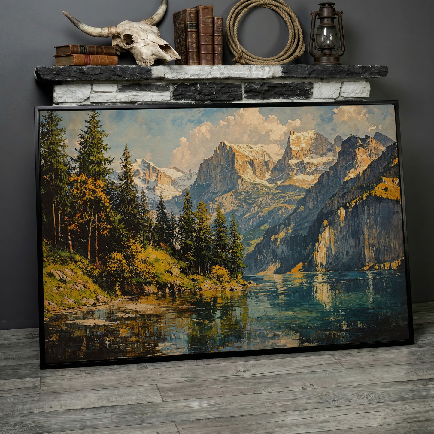 Mountain Lake with Golden Ochre Shores Canvas in black floating frame