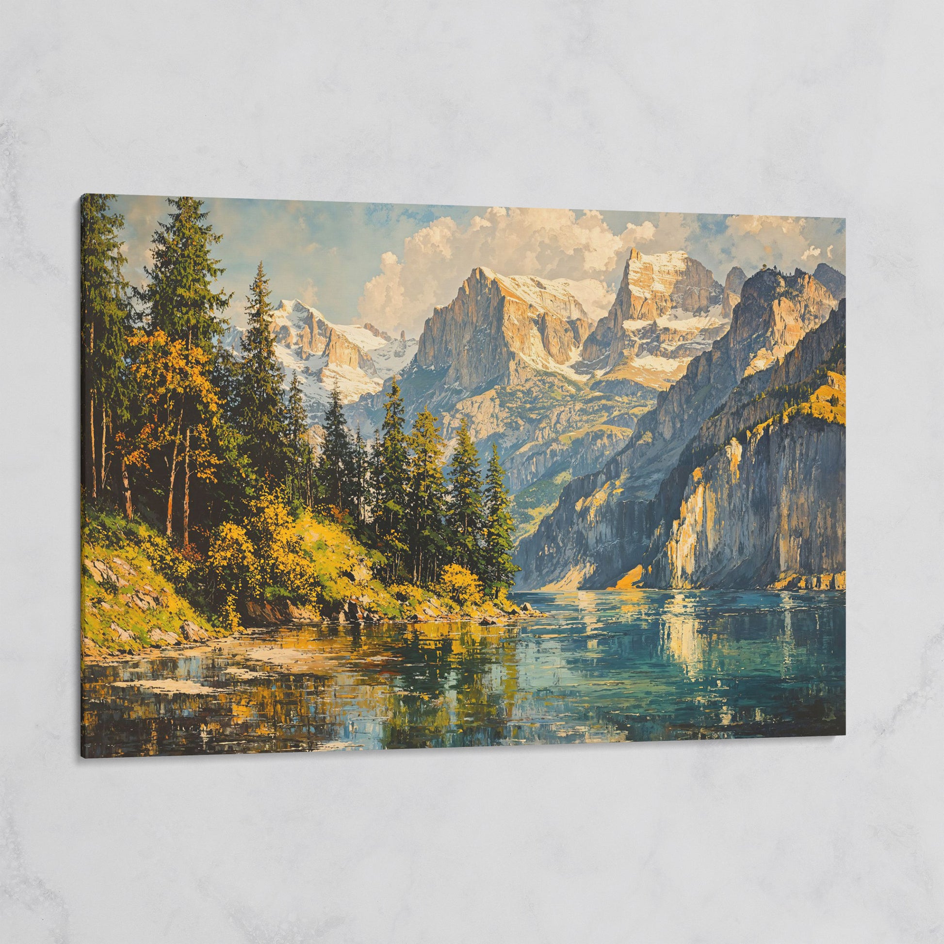 Mountain Lake with Golden Ochre Shores Canvas on gallery wrap