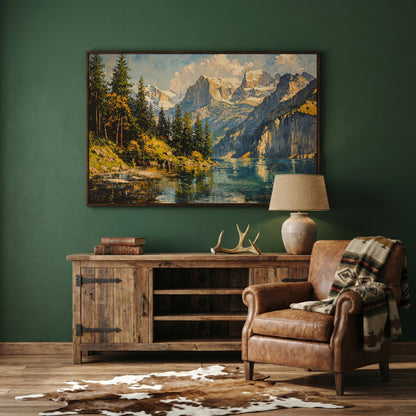 Mountain Lake with Golden Ochre Shores Canvas in dark walnut floating frame