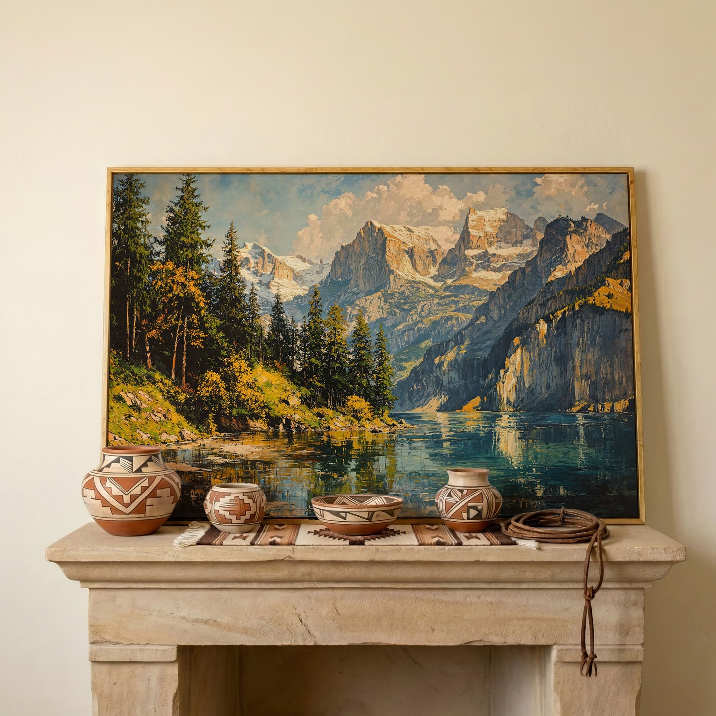 Mountain Lake with Golden Ochre Shores Canvas in white oak floating frame