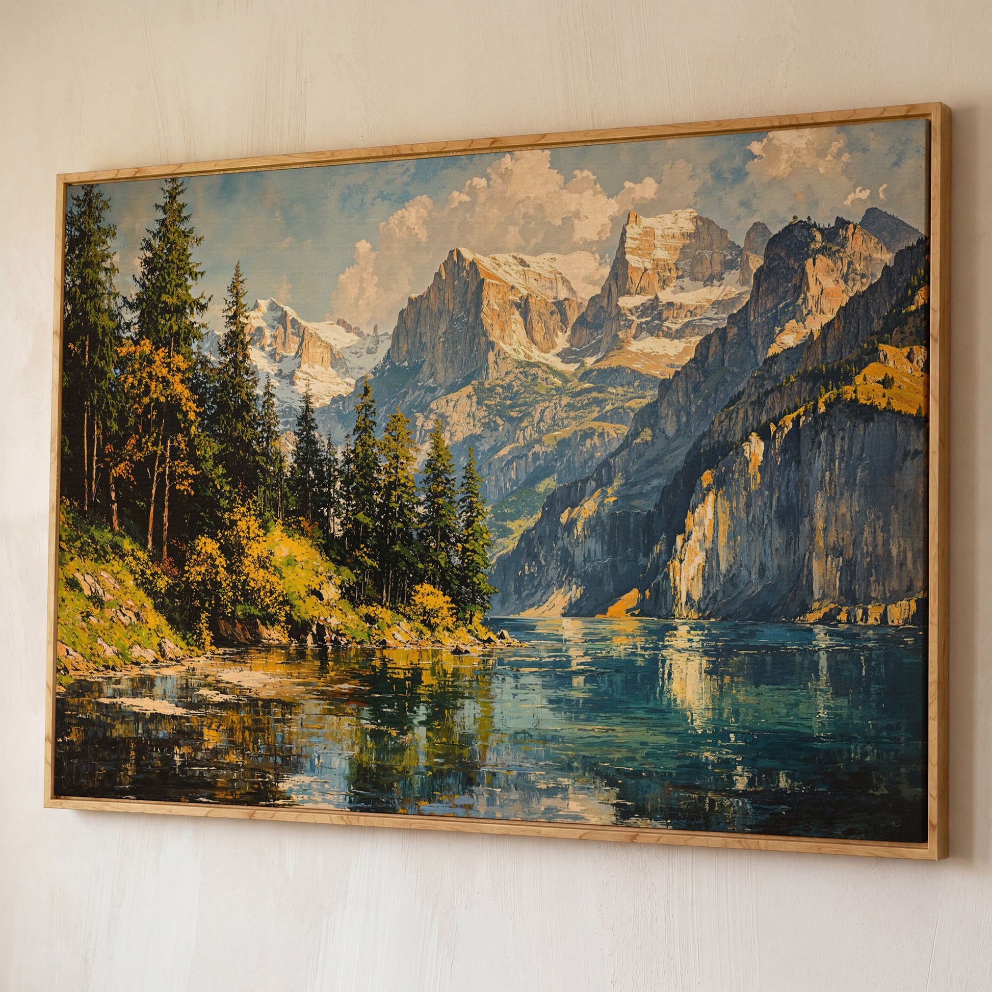 Mountain Lake with Golden Ochre Shores Canvas shown in white oak floating frame