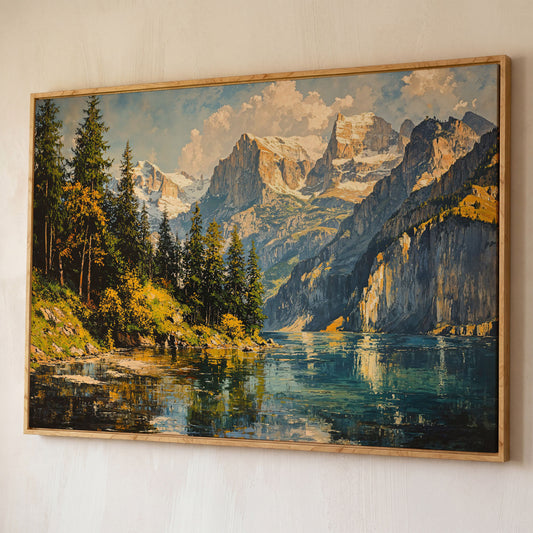 Mountain Lake with Golden Ochre Shores Canvas shown in white oak floating frame