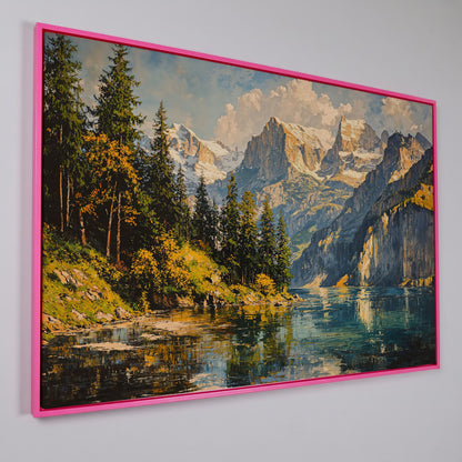 Mountain Lake with Golden Ochre Shores Canvas in pink floating frame