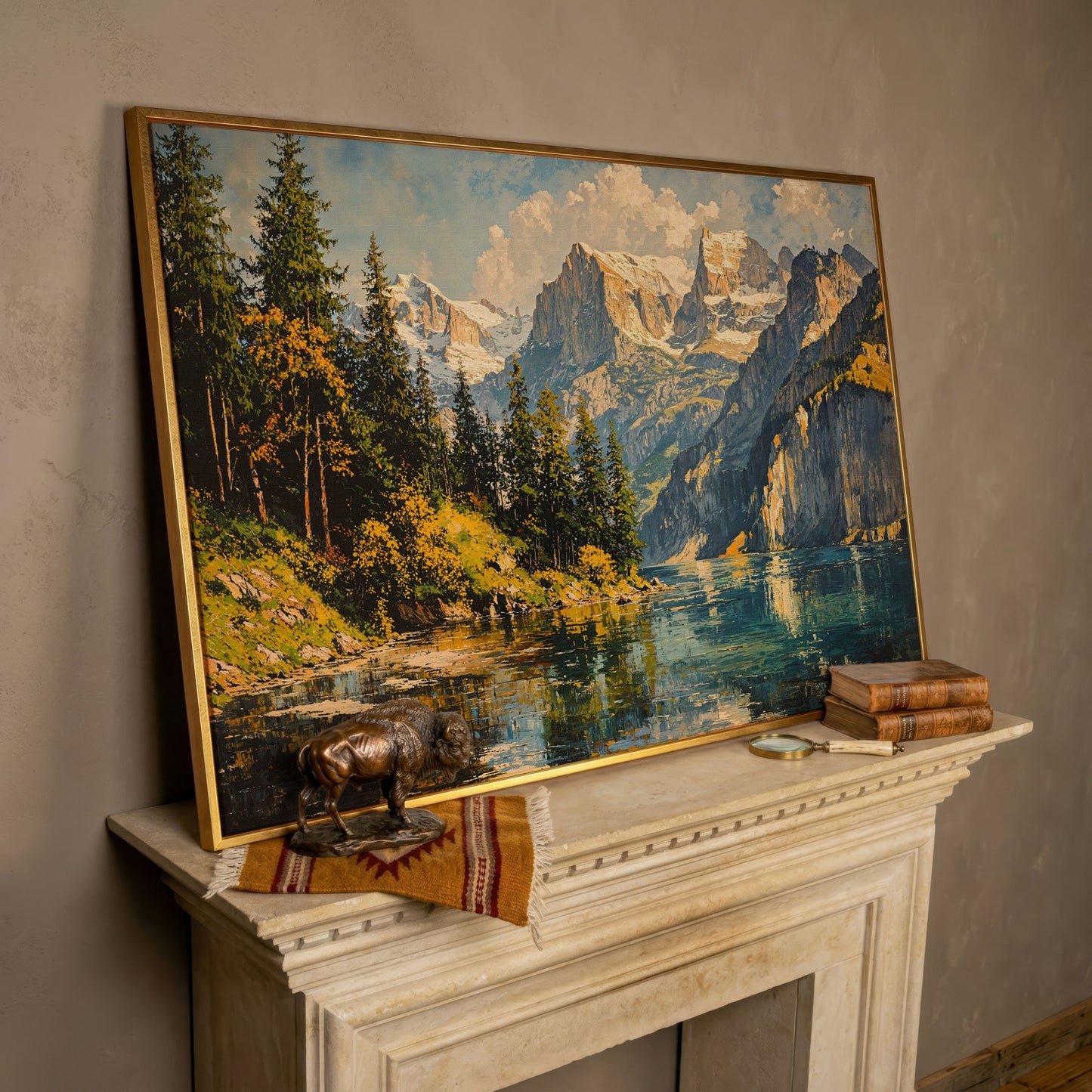Mountain Lake with Golden Ochre Shores Canvas in rose gold floating frame