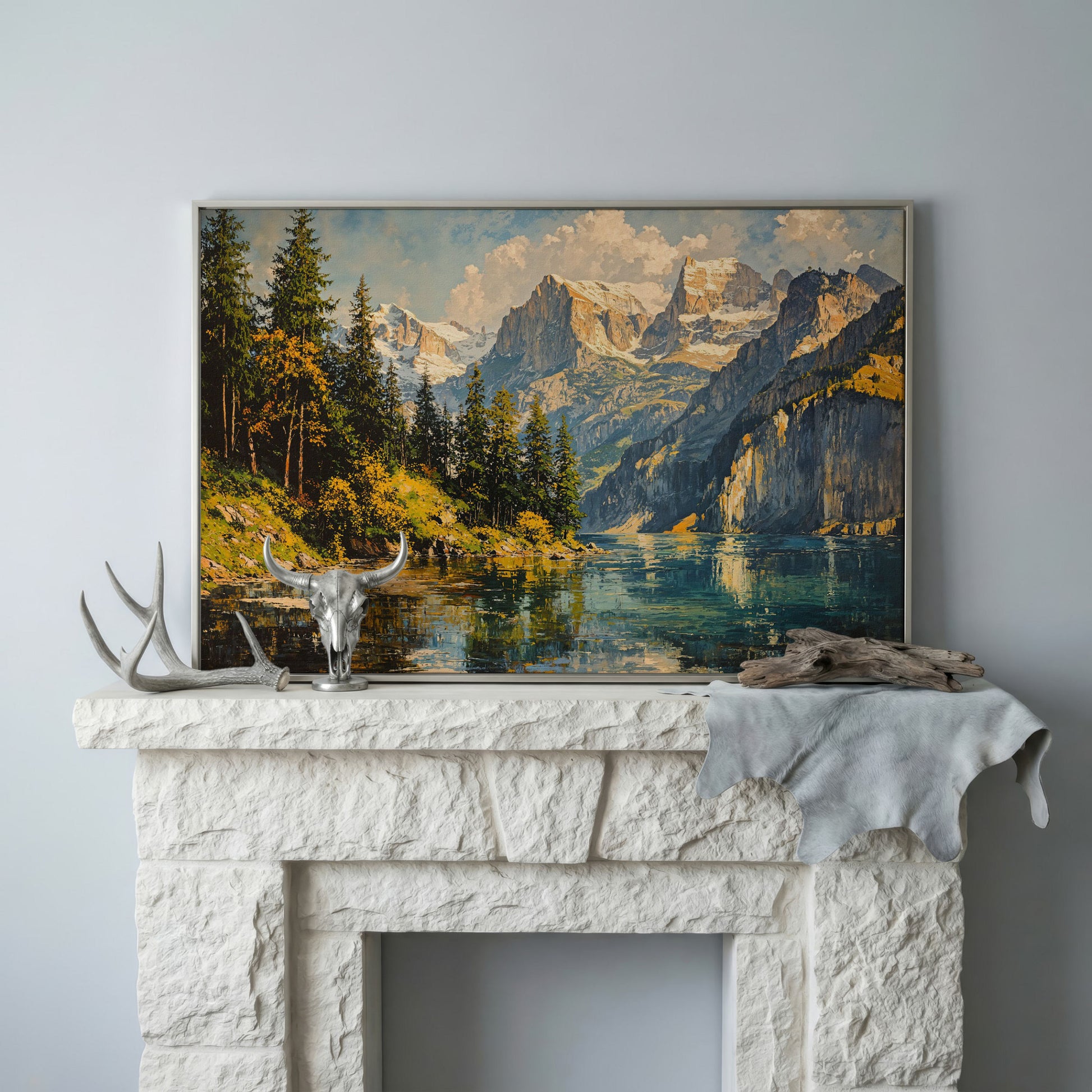 Mountain Lake with Golden Ochre Shores Canvas in silver floating frame