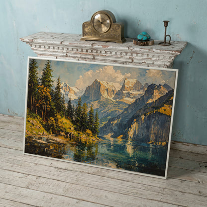 Mountain Lake with Golden Ochre Shores Canvas in white floating frame