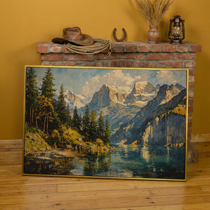Mountain Lake with Golden Ochre Shores Canvas in yellow gold floating frame