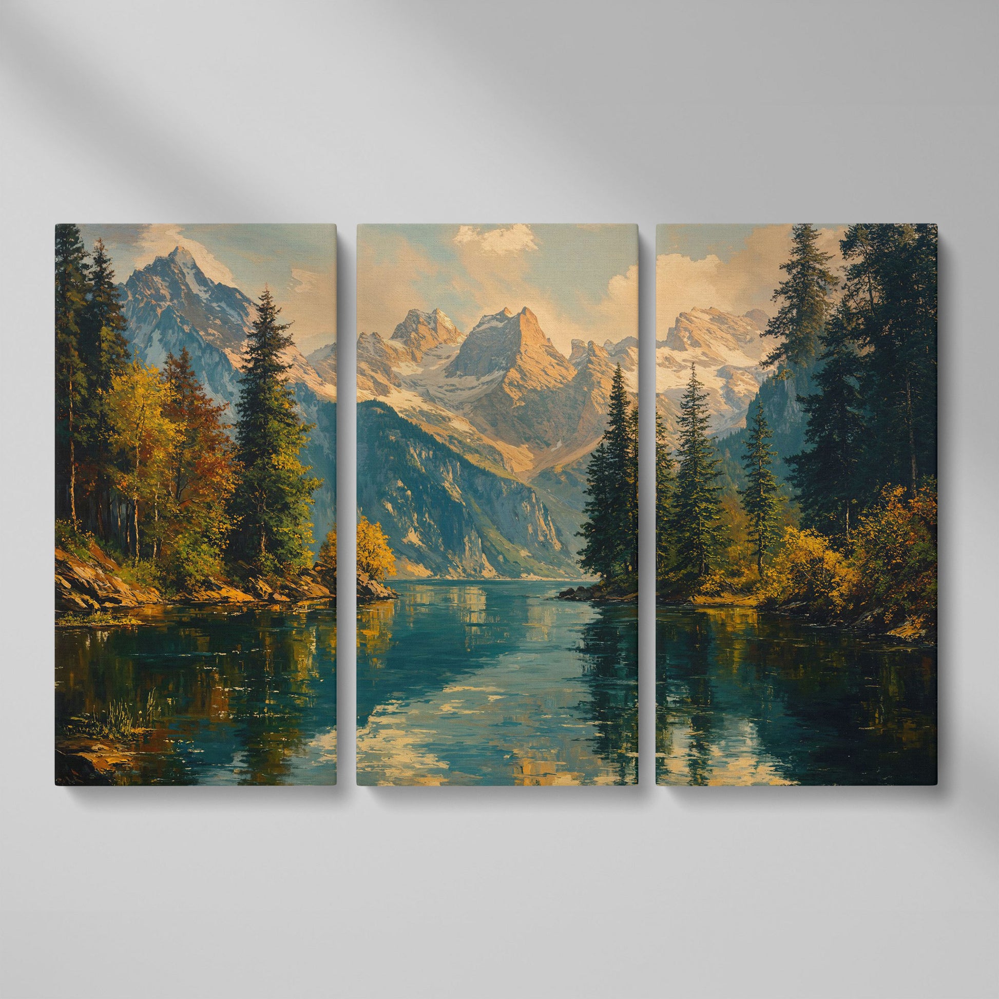 Serene Lake and Mountain Landscape Canvas as 3-panel split version