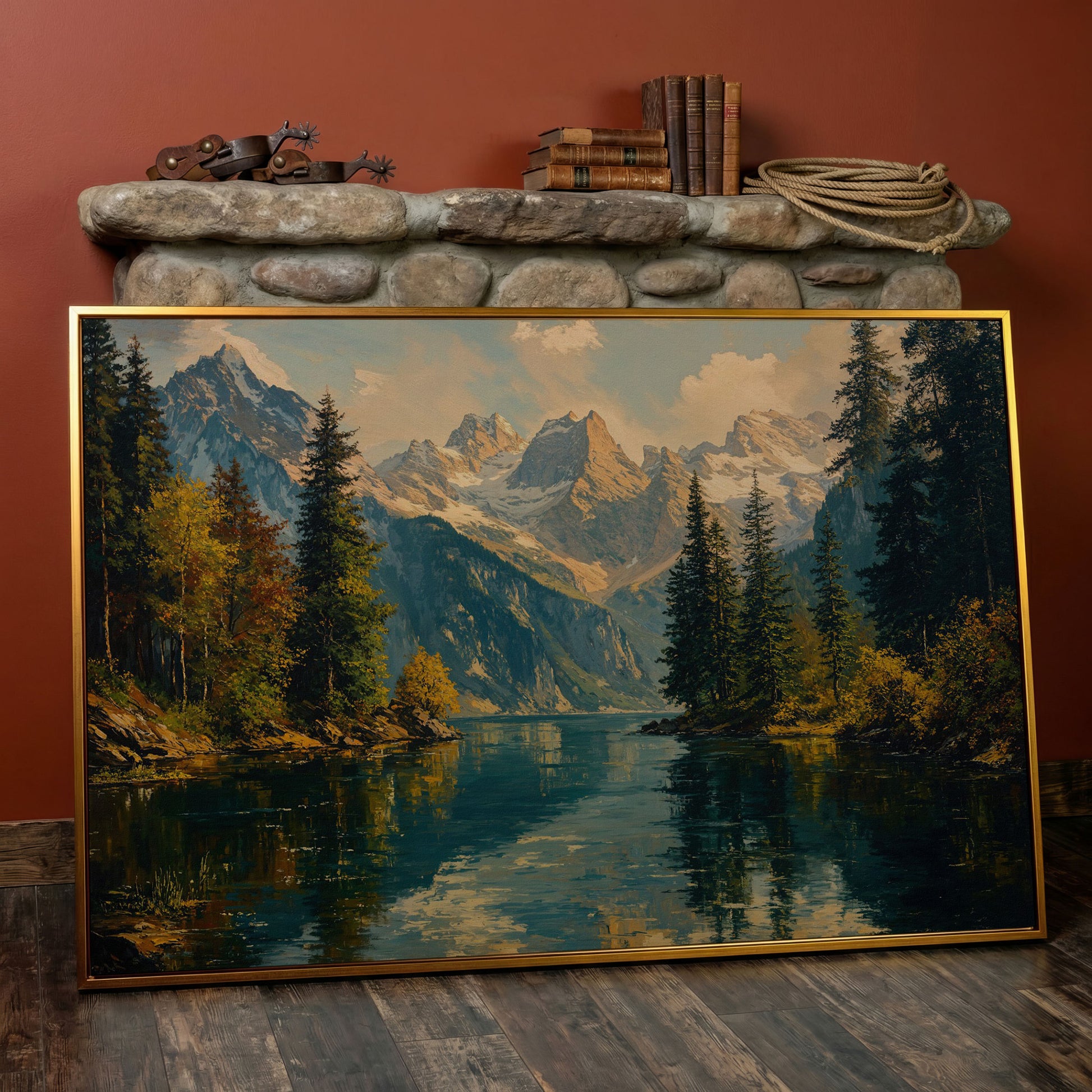 Serene Lake and Mountain Landscape Canvas in antique gold floating frame
