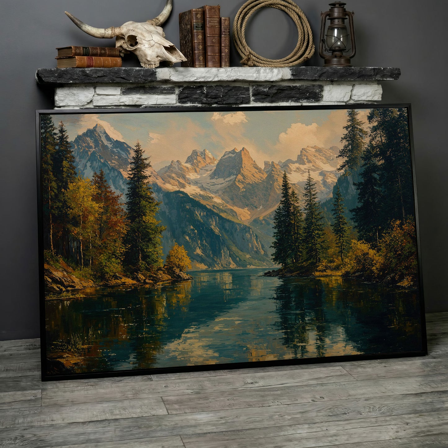 Serene Lake and Mountain Landscape Canvas in black floating frame
