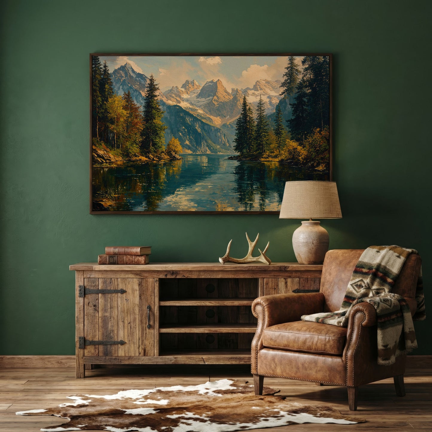 Serene Lake and Mountain Landscape Canvas in dark walnut floating frame