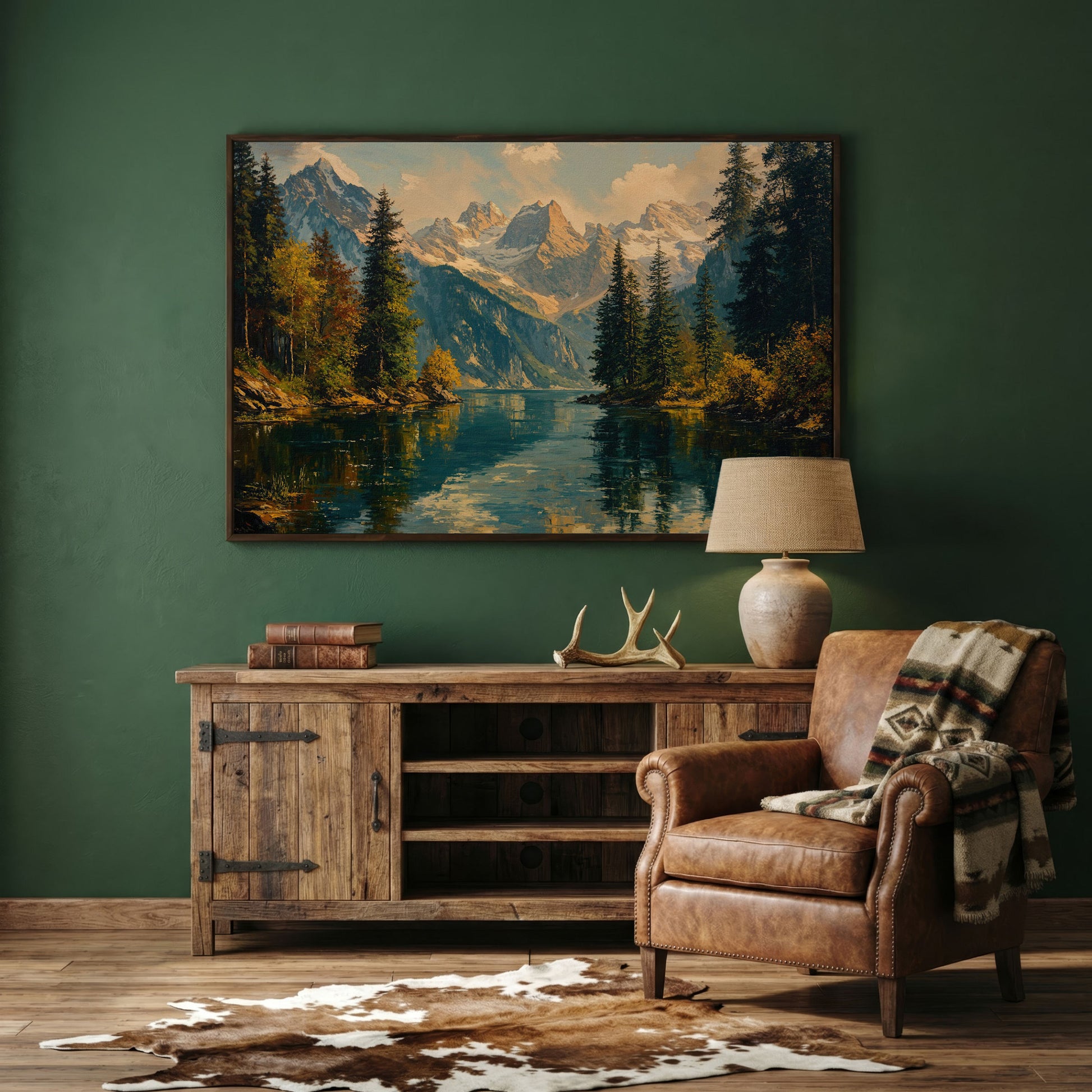 Serene Lake and Mountain Landscape Canvas in dark walnut floating frame