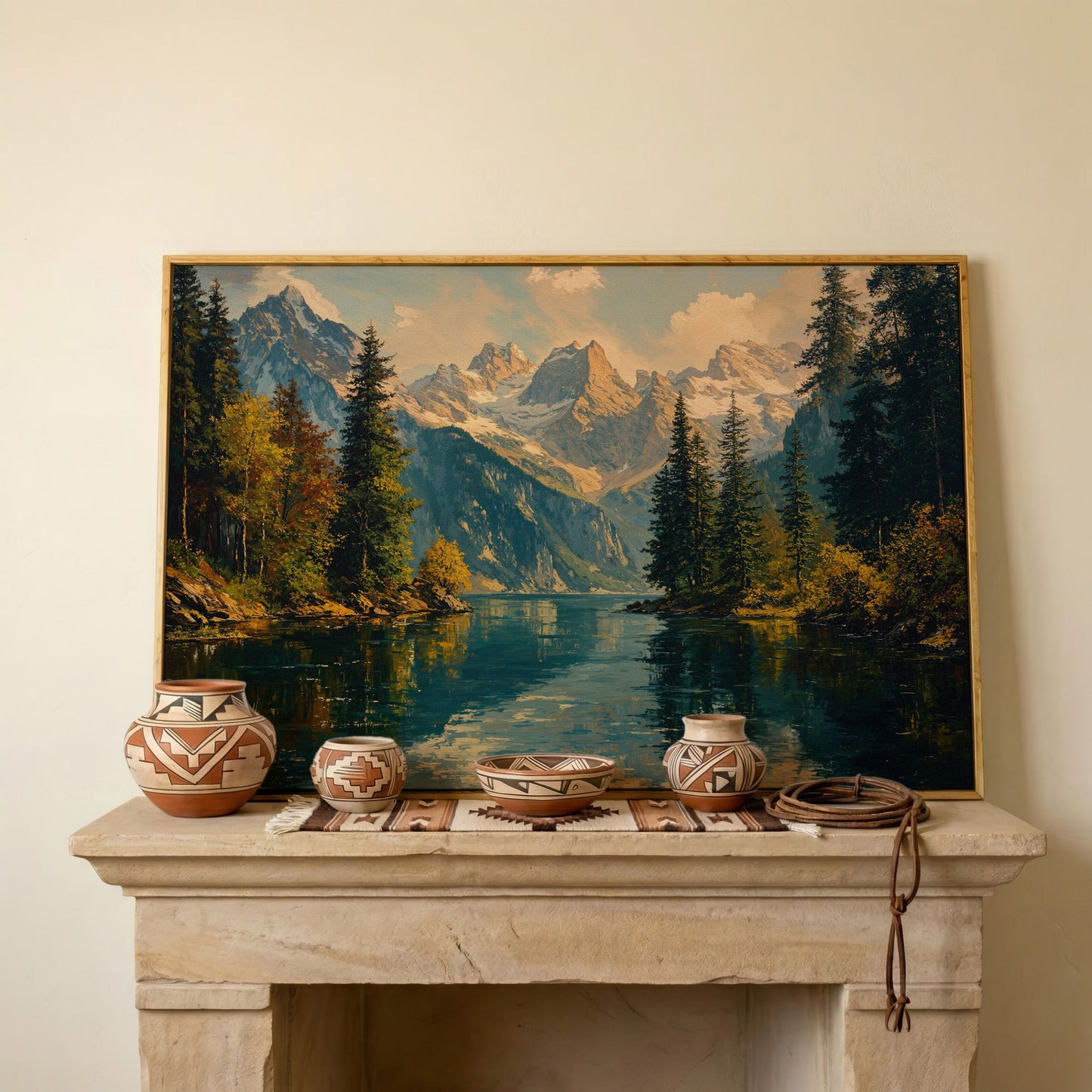 Serene Lake and Mountain Landscape Canvas in white oak floating frame