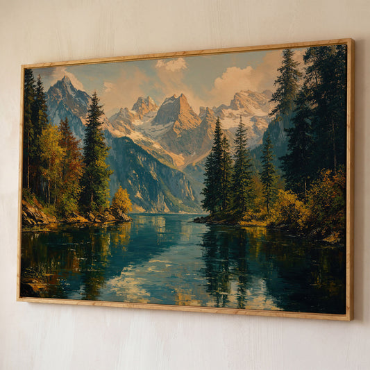 Serene Lake and Mountain Landscape Canvas shown in white oak floating frame